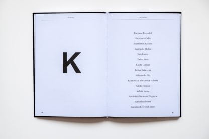 Otwarta książka, po lewej stronie duża drukowana litera K, po prawej nazwiska i imiona zaczynające się od litery K.