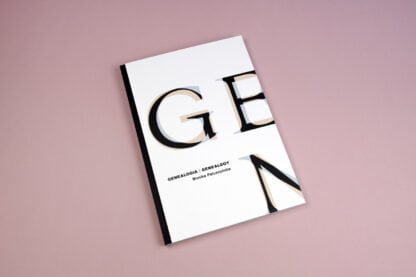 Okładka książki Genealogia. Duże, drukowane litery G, E i N na białym tle.