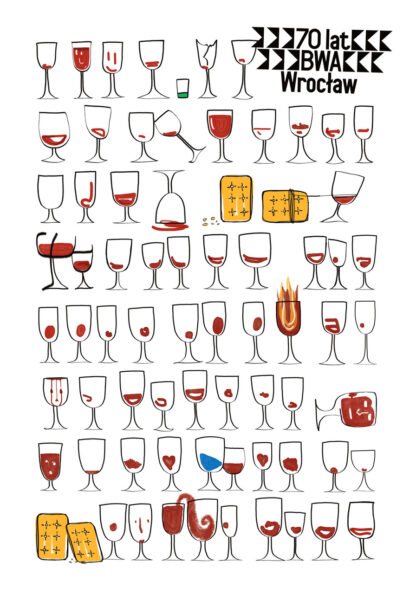 Na białym tle narysowane kieliszki do wina, niektóre pełne. W niektórych miejscach narysowane krakersy.